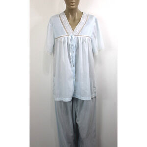 Vintage 70s BARBIZON Pajama Set Top & Pants Sleep Lounge Baby Blue Size M